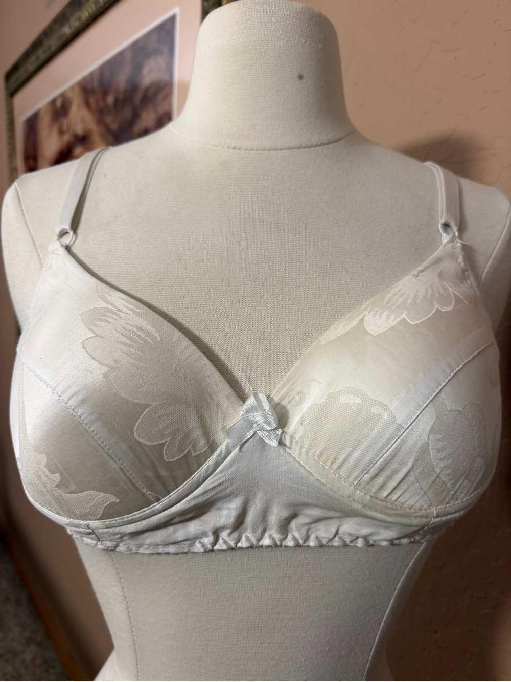 Vintage Women’s Cream Floral Soft-Cup 100% Silk Bra 34C
